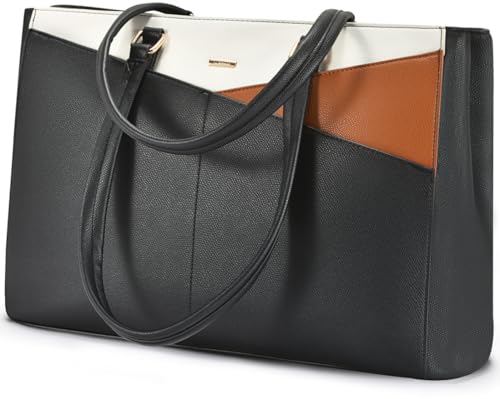 LOVEVOOK Laptop Tote Bag for Women,Computer Briefcase for Work Office | Fits 15.6 Inch Laptop, Waterproof Front Pocket, Shoulder Strap, Large Purse for Business Office Work, Black-Brown-Beige - color: Black-brown-beige 15.6 Inch, size: 15.6 inch