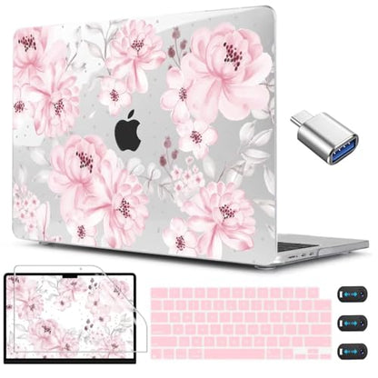 CISSOOK Compatible with MacBook Air 13.6 inch Case 2026 2025 2024 2023 2022 | A3449 A3240 A3113 A2681, 5in1 Set Hard Shell Case Keyboard Cover for MacBook Air 13.6 inch M2 M3 M4 M5, Cute Pink Flower - color: Air13.6inch-Cute Pink Flower