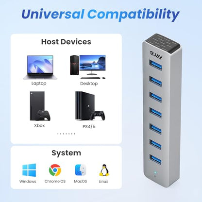 EJAY 7-Port USB Hub High Power USB C Splitter for PC & Mac | | Aluminum | USB3.0 | Multi-Port Data Hub | Heavy Desktop Setup | Workstation