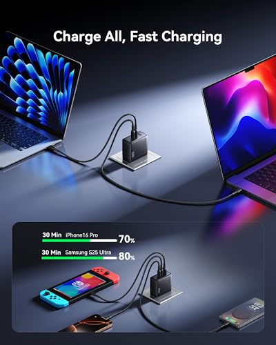 INIU 100W GaN USB C Charger, 3-Port Compact Fast Charging Block with 5ft 100W USB C Cable, Foldable Travel Laptop Charger for MacBook Pro Air 15 14, iPhone 17 16 Pro Max Samsung S26 S25 Dell etc White - color: White