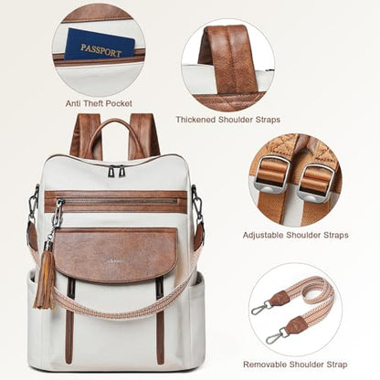 Laptop Backpack for Women 15.6 inch,Travel Leather Backpack Purse Nurse Teacher Carry on Backpack Computer Bag,Professional Water-Resistant College Business Work Casual Daypack,Beige with Brown - color: Beige With Brown