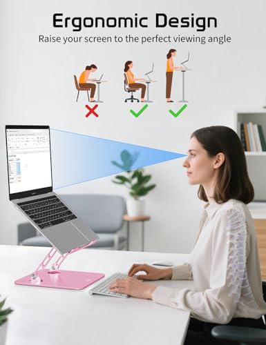 Aluminum Laptop Stand Adjustable Height & Angle | Ergonomic Riser for MacBook, Notebook & Tablet | Foldable, Portable, Ventilated Design for Office, Home, Travel – Fits 10"-15.6" Devices,Pink - color: Pink