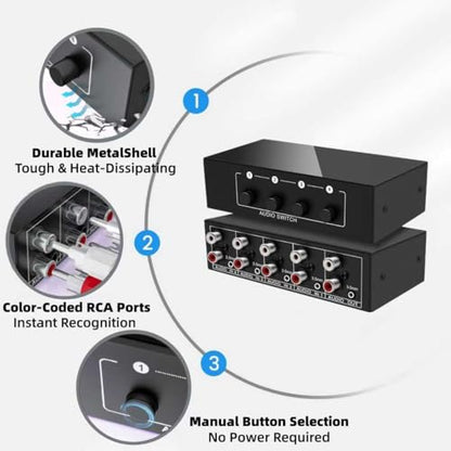 3.5mm Aux + RCA L/R Bi-Directional Stereo Audio Switch 4 in 1 Out A/B Analog Audio Switcher Selector No Power Need - color: Dark Black