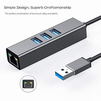 USB 3.0 to Ethernet Adapter, 3-Port USB 3.0 Hub Gigabit Ethernet Hub Network RJ45 1000Mbps Support Windows 10,Mac OS, Surface Pro,Linux,Chromebook and More