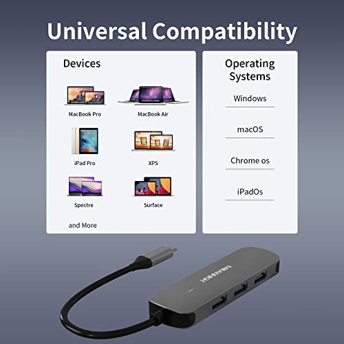 USB C Hub 4 Ports, MEANHIGH Multiple USB 3.0, 2.0 Splitter Portable USB C to USB Adapter for Laptop, Plug and Play Mini USB Extender for PC, Flash Drive, Mobile HDD - size: USB-C-Grey
