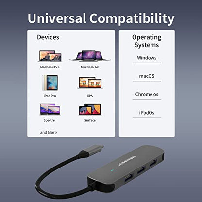 USB C Hub 4 Ports, MEANHIGH Multiple USB 3.0, 2.0 Splitter Portable USB C to USB Adapter for Laptop, Plug and Play Mini USB Extender for PC, Flash Drive, Mobile HDD - size: USB-C-Grey