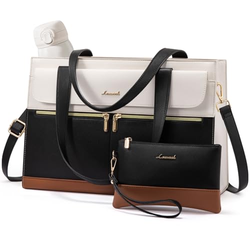 LOVEVOOK Laptop Bag for Women 15.6 Inch Laptop Tote Work Bag Professional Leather Computer Briefcase Waterproof Handbag Shoulder Bag Large Capacity Business Teacher Office Bag Crossbody Purse - color: 1# Black/Off-white, size: 15.6 Inch