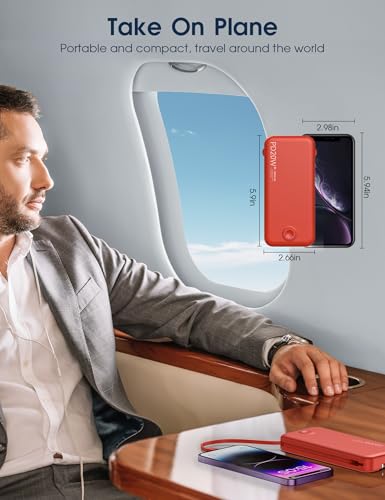 Nusyddy Portable Charger 10000mAh Fast Charging w/Built-in Wall Plug Red | PD20W Fast Charging, LED Indicator, Pass Through Charging, TSA Approved, Compact/Slim, Power Bank for iPhone/iPad/Samsung - color: Red