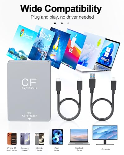 CFexpress Type B SD Card Reader 10Gbps Dual-Slot Memory Card Reader for Photographers,USB 3.2 Gen 2 Type B CF Express Adapter with USB C to USB C/A Cable,Compatible with Windows/Mac/Linux/Android