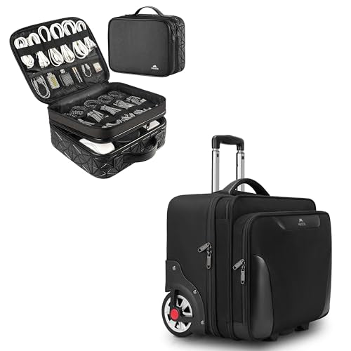 MATEIN Cord Organizer Bag, Large Electronics Organizer Travel Case Cable Storage for Electronic Accessories, Rolling Laptop Bag, Mens Large Briefcase with Big Wheels Fits 17.3 Inch Notebook for Busine
