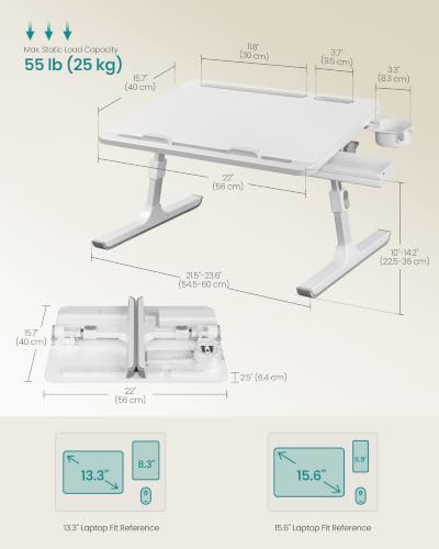 SONGMICS Bed Laptop Desk, Foldable Bed Desk for Laptop, 15.7 x 22 Inches Large Desktop, 120° Stepless Tilt, Adjustable Height, Cup Holder, Tray, Portable Sofa Table, White ULLD113WB01 - color: White