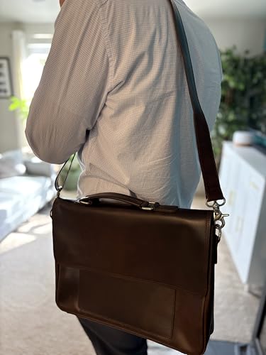 Full Grain Leather Briefcase for Men, Handcrafted Laptop Bag with Multiple Compartments,Fits 15.6 Inch Laptop - color: Dark Brown