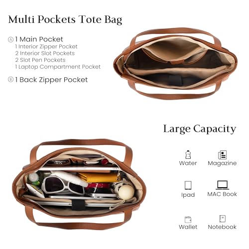 befen Genuine Leather Tote Bag for Women Work Travel Leather Purse Handbags | Real Leather, Padded 14" Laptop Compartment, Multi-Pockets, Zipper, Tote Bag for Daily - color: Cognac Brown
