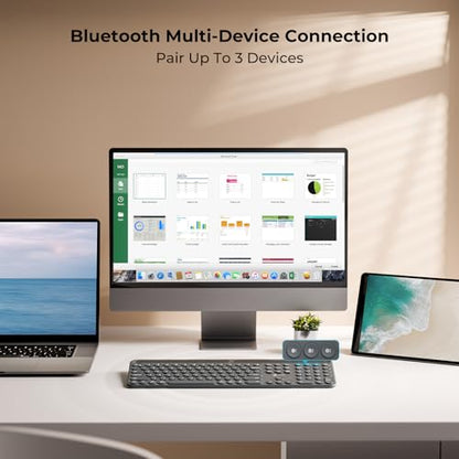 iClever Solar Bluetooth Keyboard, Wireless Keyboard with Solar & Indoor Light Charging, Full Size Keyboard with Numeric Keypad, Multi-Device Bluetooth Keyboard for Mac, Windows, Laptop, PC