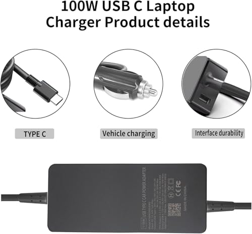 100W USB C Laptop Car Charger PD Fast Charging Adapter Compatible with Dell | XPS Latitude Precision, Lenovo ThinkPad Yoga IdeaPad, MacBook Pro Air, HP EliteBook Spectre, LG Gram, Chromebook