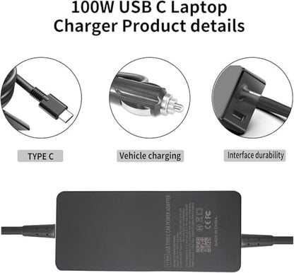100W USB C Laptop Car Charger PD Fast Charging Adapter Compatible with Dell | XPS Latitude Precision, Lenovo ThinkPad Yoga IdeaPad, MacBook Pro Air, HP EliteBook Spectre, LG Gram, Chromebook
