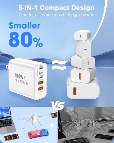 FEEL2NICE 100W USB C Charger Block, 5-Port Fast Wall Charger [3 PD USB-C & 2 QC 3.0 USB-A], Compact Adapter for MacBook Pro, iPad, iPhone 17/16/15 Pro Max, Galaxy S26/S25 Ultra, Laptop
