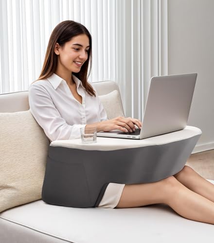 Ergonomic Lap Desk Pillow with Cooling Memory Foam – Gaming Cushion for Bed, Laptop Support, and Reading Pillow with Armrest for Comfort at Home, Office, or Travel (Grey)