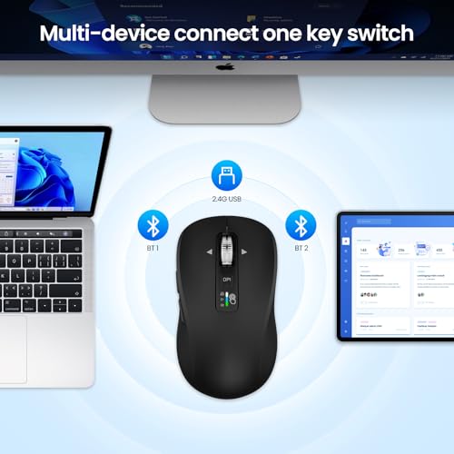 Wireless Bluetooth Mouse, 3-Device Multi-Mode (USB + 2 Bluetooth), 4-Way Metal Scroll Wheel, Adjustable DPI, Silent Click, Long Battery Life, Ergonomic Mouse for Laptop, PC, Mac, iPad (Black, 9) - color: Black