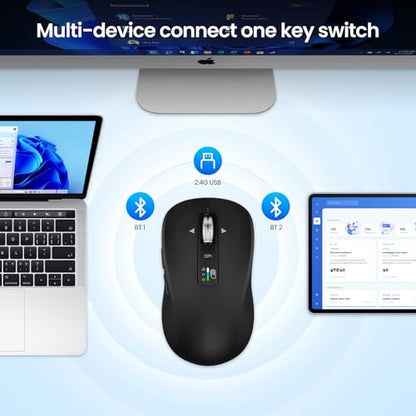 Wireless Bluetooth Mouse, 3-Device Multi-Mode (USB + 2 Bluetooth), 4-Way Metal Scroll Wheel, Adjustable DPI, Silent Click, Long Battery Life, Ergonomic Mouse for Laptop, PC, Mac, iPad (Black, 9) - color: Black