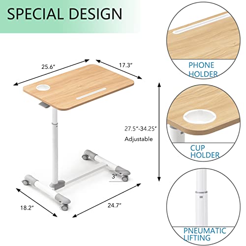 ETHU Overbed Table with Hydraulic Lift, 27.1-34.2 Inch Height Adjustable Bed Table with Lockable Casters - Wood Grain Tabletop with Cup Holder & Charging Slot, 22lbs Capacity Rolling Bedside Desk - color: White/Wood