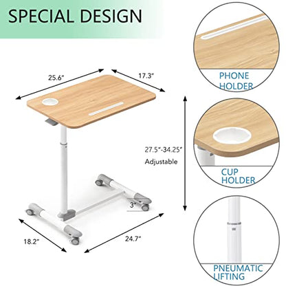 ETHU Overbed Table with Hydraulic Lift, 27.1-34.2 Inch Height Adjustable Bed Table with Lockable Casters - Wood Grain Tabletop with Cup Holder & Charging Slot, 22lbs Capacity Rolling Bedside Desk - color: White/Wood