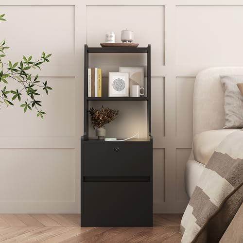 Modern Smart Nightstand with Night Light & Charging Station, Night Stand with Bookshelf, Lockable Bedside Cabinet Tables with 2 Storage Drawers for Bedroom Home Office - color: Black