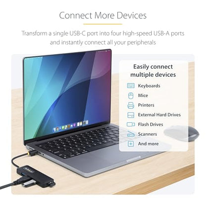 StarTech 4-Port USB-C Hub 5Gbps with 4X USB-A, Mini (H5C4A-USB-HUB) | USB Powered USB 3.0 travel mini splitter, Portable, Wake on USB, Overcurrent Protection, 5in 13cm cable, Cable clip - size: 0.4 ft, style: USB-C