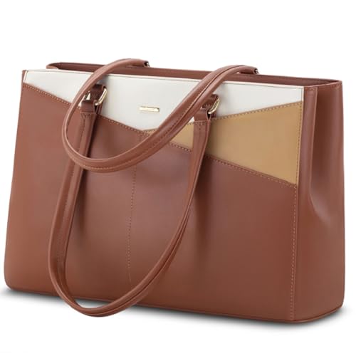 LOVEVOOK Laptop Tote Bag for Women,Computer Briefcase for Work Office | Fits 15.6 Inch Laptop, Waterproof Front Pocket, Shoulder Strap, Large Purse for Business Office Work, Brown/Apricot/Beige - color: Brown/Apricot/Beige 15.6 Inch, size: 15.6 inch