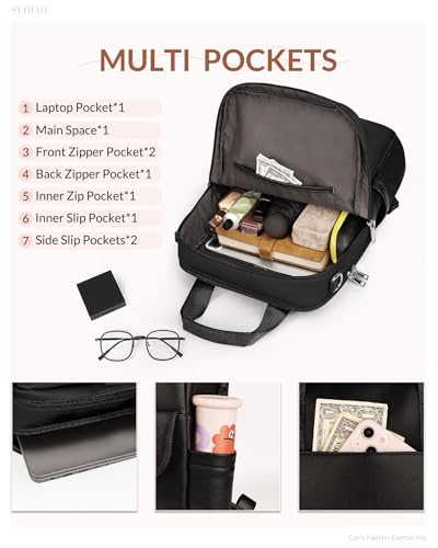 Leather Laptop Backpack 15.6 inch Womens Computer Bag Black | 3-in-1 laptop purse: Dedicated 15.6" Compartment, 7-Pocket Organizer, Colorful Shoulder Strap, Work & Travel Ready - color: Purse Black