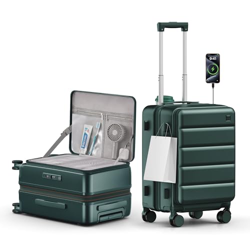 Expandable 20Inch Carry On Luggage Airline Approved - Top Opening Hardside Travel Suitcase Unbreakable -with Cup Holder,USB Charge,Side Pothook, 360°Spinner Wheels, TSA Lock-Green - color: Green, size: 20 Inch-EXT
