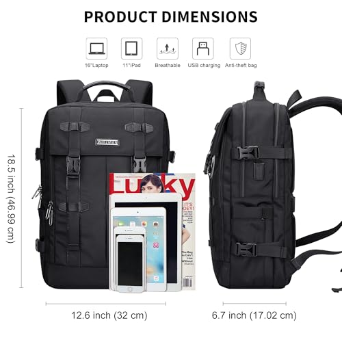 WITZMAN Travel Laptop Backpack for Men Fits 16 inch Laptop | Nylon Carry-on Airline Approved, USB Charging Port, 26L Capacity, For Vacation, Weekend, Overnight Trip, B716 Black - color: Black