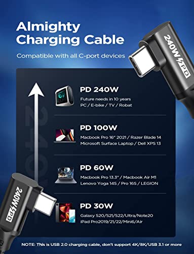 240W USB C to USB C Cable 0.5FT,PD 3.1 Type C to C 5A Fast Charging Cable Right Angle for MacBook Pro/Air,iPad Pro/Air/Mini,iPhone15/15Pro/15Plus/15ProMax,Samsung S24/S23/S22,Surface Book2,Pixel - style: Dual 90° Right Angle