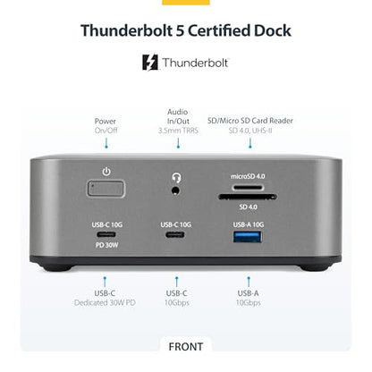 StarTech Thunderbolt 5 USB4 Dock, Dual 8K 60Hz, Triple 4K, 140W, 2.5GbE | Plug-and-play Windows 11 and macOS, Thunderbolt 5 Certified, Dual 6K on Mac, 120Gbps transfer, SD 4.0, 30W phone, USB 10Gbps