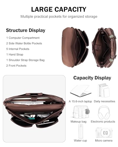Messenger Bag for Women, 17L Leather Satchel Backpack Purse | Large Laptop Briefcase Multi Pocket Shoulder Bags, Spacious Compartments for Office, Travel, Work, Business, Daily Gift - color: Coffee Brown Retro Style