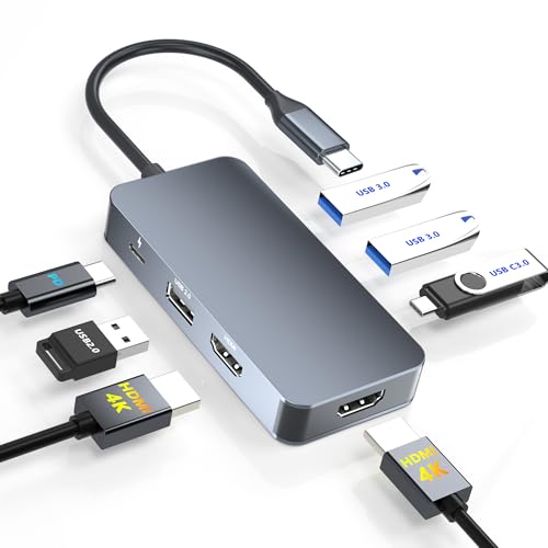 Docking Station Dual Monitor for Dell/HP/Mac Laptops, 7 IN 1 USB C to Dual HDMI Adapter Multiport Hub with 2*4K HD, 3*USB-A/USB-C Data Port, 100W PD, HDTV Splitter for Dual Monitors Extended Display
