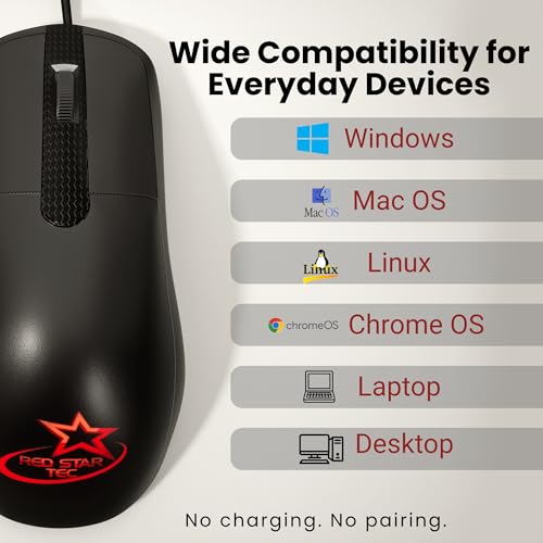 RED STAR TEC Wired Office Mouse, USB, Corded, Black, WM-127B