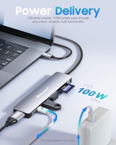 Hiearcool USB C Hub for MacBook – 7-in-1 USBC Adapter with 4K HDMI, 100W PD, USB 3.0 5Gbps Ports, SD/TF Card Reader – USB-C Dongle for Office, Meetings, Travel & Home Setup-Space Grey - color: Space grey