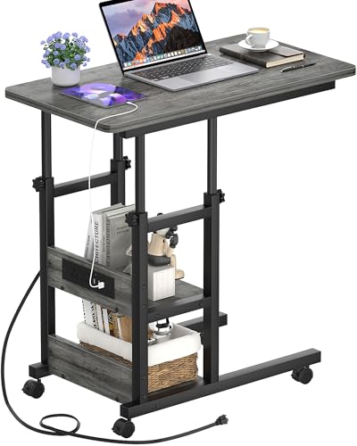 Height Adjustable End Table with Charging Station, Mobile C Shaped Laptop Side Table with Wheels, 3-Tier Sofa Couch Table with Storage Shelve for Living Room Bedroom, Grey Oak - color: Grey Oak