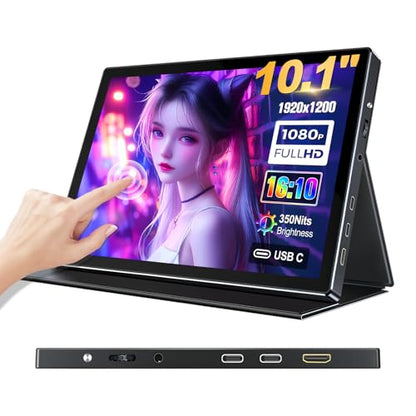 10.1 inch Portable Touchscreen Monitor, Screen Extender 1920x1200 IPS Travel Small Monitor with Cover, USB-C HDMI Computer Touch Screen Display for Laptop Windows PC, PS5/4 Xbox No Touch - size: 10 inch