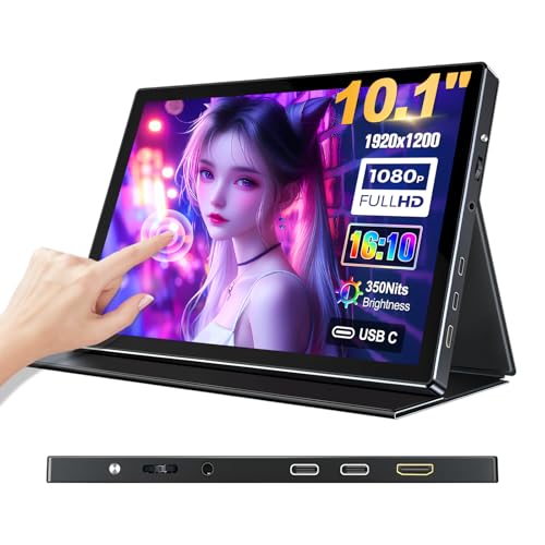 10.1 inch Portable Touchscreen Monitor, Screen Extender 1920x1200 IPS Travel Small Monitor with Cover, USB-C HDMI Computer Touch Screen Display for Laptop Windows PC, PS5/4 Xbox No Touch - size: 10 inch