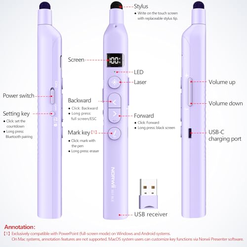 N21 Bluetooth Presentation Clicker for PowerPoint with Retractable Pointer | ①Red laser ②Telescopic touch pen ③Countdown timer, vibration alert ④Customizable Button ⑤Rechargeable;battery level display - color: Purple - Red Pointer