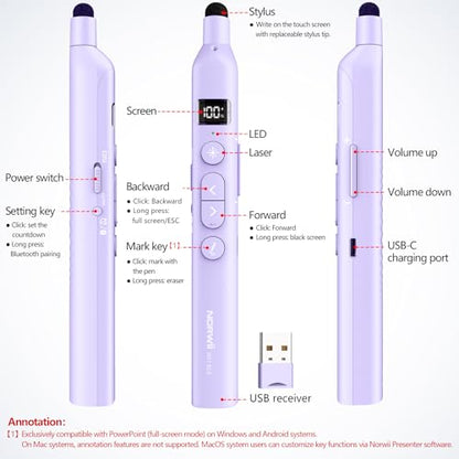 N21 Bluetooth Presentation Clicker for PowerPoint with Retractable Pointer | ①Laser Pointer②Telescopic touch pen③Countdown timer, vibration alert ④Customizable Button ⑤Rechargeable;battery level display - color: Purple - Red Pointer