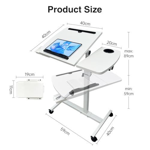 Medical Adjustable Overbed Bedside Table Teacher Podium Laptop Computer Cart Mobile Laptop Desk with 2 Tilting Desktops,Cup Holde,Drawer，Wheels for Office, Home and Classroom (White) - color: White-fba