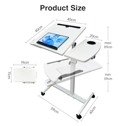 Medical Adjustable Overbed Bedside Table Teacher Podium Laptop Computer Cart Mobile Laptop Desk with 2 Tilting Desktops,Cup Holde,Drawer，Wheels for Office, Home and Classroom (White) - color: White-fba