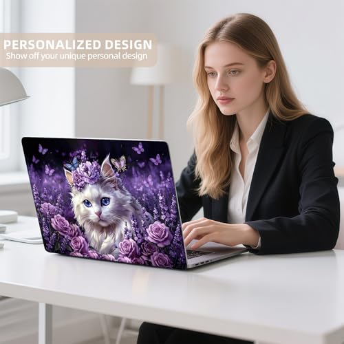 Universal Laptop Skin Sticker for 12/13/14/15.6 Inch Laptops, Reusable Vinyl Laptop Decal Cover, Waterproof Scratch Resistant Notebook Skin with 2 Wrist Pads,Flower Bed with Cute White Cat - color: Flower Bed with Cute White Cat