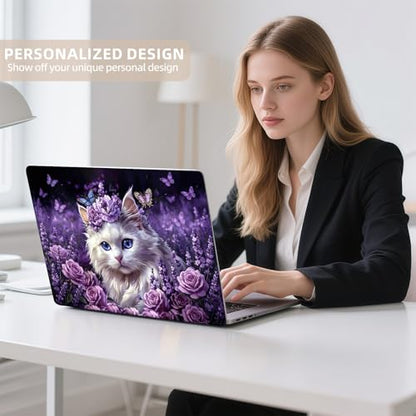 Universal Laptop Skin Sticker for 12/13/14/15.6 Inch Laptops, Reusable Vinyl Laptop Decal Cover, Waterproof Scratch Resistant Notebook Skin with 2 Wrist Pads,Flower Bed with Cute White Cat - color: Flower Bed with Cute White Cat