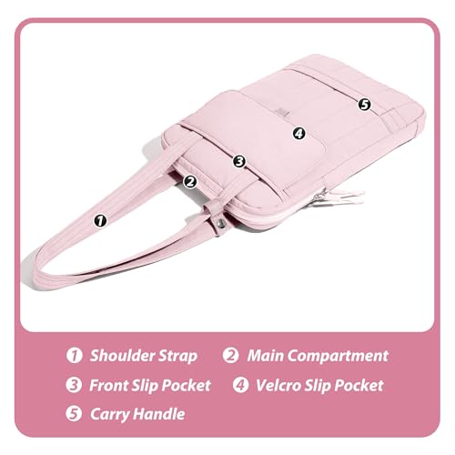 15.6 Inch Puffy Laptop Sleeve with Handle, Vertical Quilted Laptop Shoulder Bag with Luggage Strap, Compatible with 14-Inch Laptops, MacBook Pro/Air/Neo M5/M4/M3, for Women Travel Work (Pink) - color: Pink