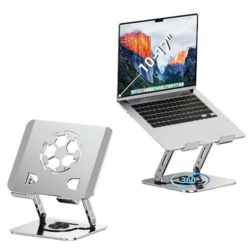 Laptop Stand for Desk, Adjustable Metal Foldable Laptop Riser with 360° Rotation & Football Vent Pattern, Ergonomic Computer Notebook Holder for MacBook Air Pro, Dell XPS, HP 10-17.3", Silver - color: F. Soccer Cutout - Silver, size: Soccer Cutout - Silve
