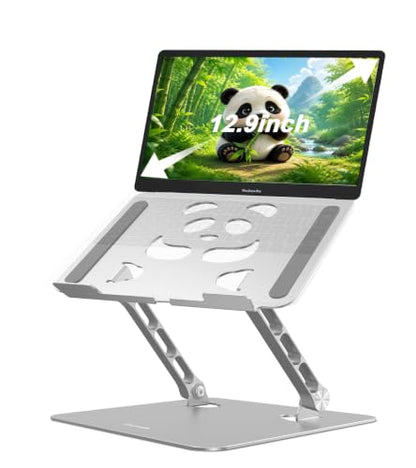 Stable Laptop Stand for Desk Fit for 10"-16.3" Laptops, Silver | Foldable Aluminum Riser Creates an Ergonomic Workspace with Cute Panda Cooling Vent, Fits MacBook Air/Pro, Dell and Lenovo - color: Silver